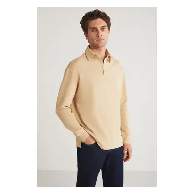 GRIMELANGE JOHN Men's Polo Sweat Shirt Collar Long Back Slit Diagonel Fabric Beige Sweatshirt