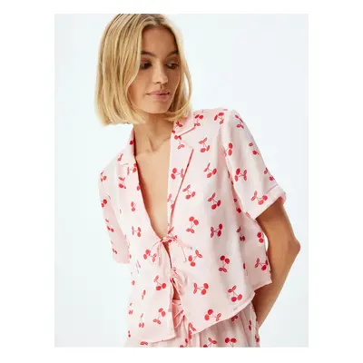 Koton Cherry Printed Short Sleeve Crop Pajama Top with Bow Tie