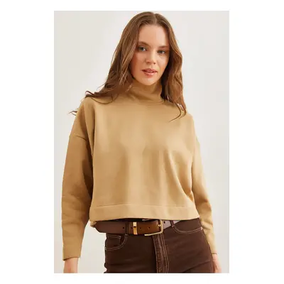 Olalook Women's Beige Stand Collar Batwing Crop Raised Sweatshirt