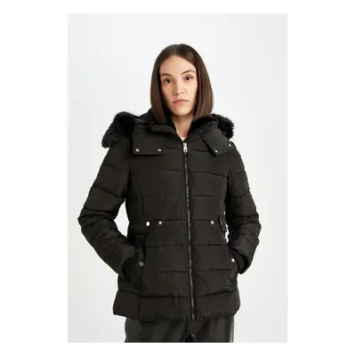 DEFACTO Water Repellent Lightweight Long Puffer Jacket with Removable Faux Fur Hood and Quilted 