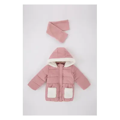 DEFACTO Girl Baby Waterproof Fleece Lined Hooded Coat Scarf 2-Piece Set