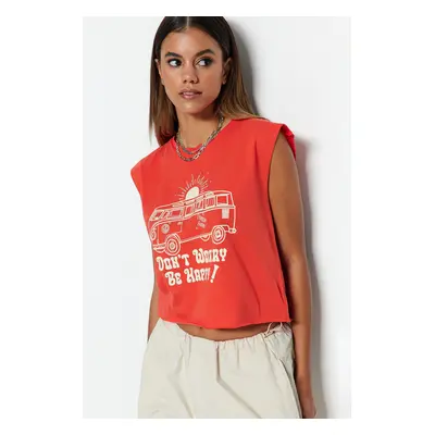 Trendyol Red 100% Cotton Printed Sleeveless Crop Crew Neck Knitted T-Shirt