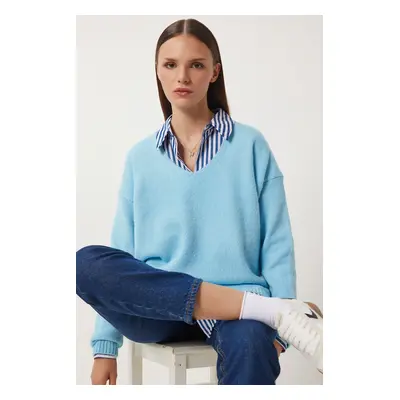 Happiness İstanbul Women's Light Blue V-Neck Knitwear Sweater