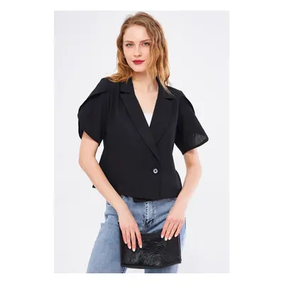 armonika Women's Blackkosiokto Jacket Sleeve Slit Detailed Crop Short Sleeve