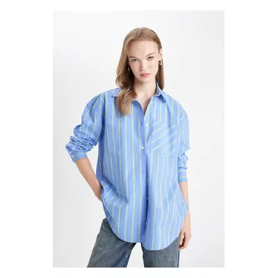 DEFACTO Oversize Wide Fit Pocket Striped Poplin Long Sleeve Shirt