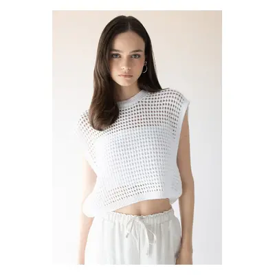 DEFACTO Crop Knit Patterned Cotton Crochet Sweater