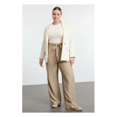 Trendyol Curve Mink Elastic Elastic Waist Belted Wide Leg Woven Plus Size Trousers