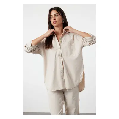 Trendyol Beige Linen Blend Oversize Striped Shirt