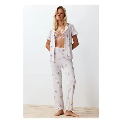 Trendyol Ecru-Multicolored 100% Cotton Floral Ruffle Detailed Knitted Pajama Set