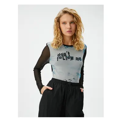 Koton Tulle T-Shirt Tie-Dye Patterned Slogan Printed Long Sleeve Crew Neck