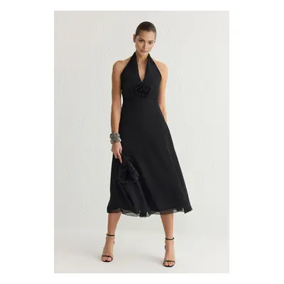 Trendyol Black A-Line Rose Detail V Neck Lined Chiffon Woven Chic Dress