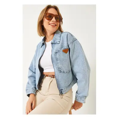 Bianco Lucci Women's Single Pocket Zippered Short Denim Jacket