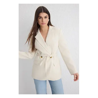 Trendyol Ecru Belted Regular Lined Blazer Jacket