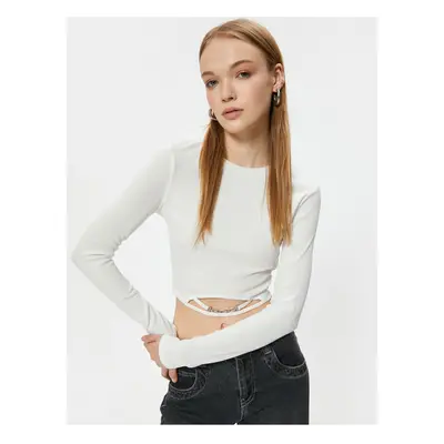 Koton Long Sleeve T-Shirt Crop Chain Detailed Crew Neck