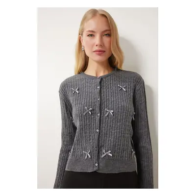 Happiness İstanbul Women's Anthracite Bow Knitted Sweater Cardigan