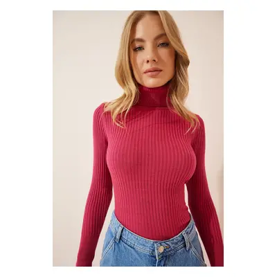 Happiness İstanbul Women's Dark Pink Turtleneck Lycra Corduroy Sweater