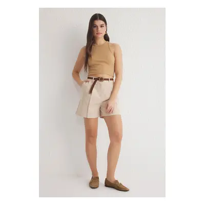 Trendyol Beige Belted Cotton Knee Length City Shorts & Bermudas