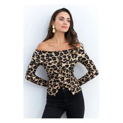 Cool & Sexy Women's Camel-Black Madonna Collar Leopard Blouse RLO77