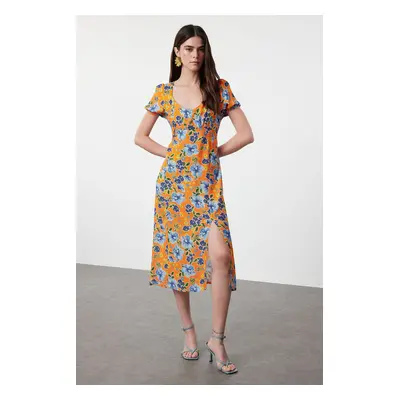 Trendyol Orange Flower Patterned A-Line Short Sleeve Maxi Woven Dress