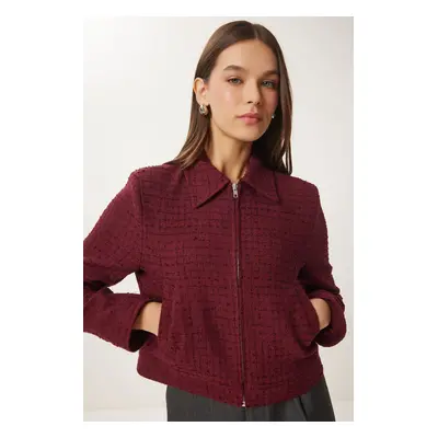 Happiness İstanbul Women's Burgundy Zippered Shirt Collar Tweed Jacket