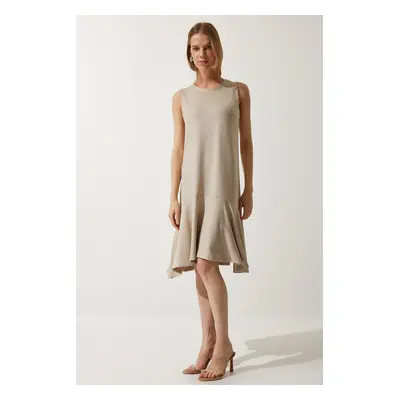 Happiness İstanbul Women's Beige Crew Neck Knitted Flounce Bell Dress