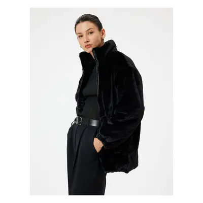 Koton Pocket Elastic Waist Detail Stand Collar Zippered Plush Coat