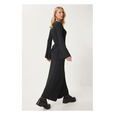 Happiness İstanbul Women's Black Belted Ribbed Long Knit Dress