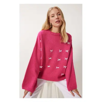 Happiness İstanbul Women's Dark Pink Bow Detail Oversize Knitwear Sweater