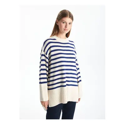 LC Waikiki Classic Navy Blue Striped Crew Neck Striped Oversize Women's Knitwear Sweater