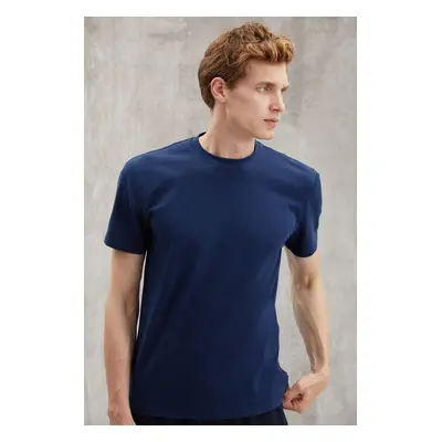 GRIMELANGE Chad Men's Slim Fit Ultra Stretchy Short Sleeve Round Neck Navy Blue T-Shirt