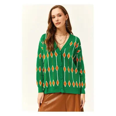 Olalook Women's Grass Green Diamond Pattern Oversize Knitted Cardigan