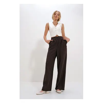 Trend Alaçatı Stili Women's Dark Brown Double Pocket Striped Palazzo Pants