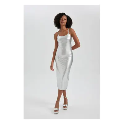 DEFACTO Fitted Body Wrap Sling Maxi Shiny Dress