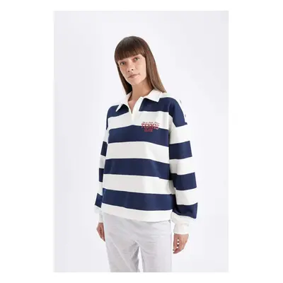 DEFACTO Relax Fit Polo Collar Printed Striped Thick Fabric Sweatshirt