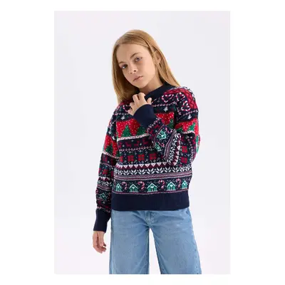 DEFACTO Girl's Crew Neck Christmas Themed Knitwear Sweater