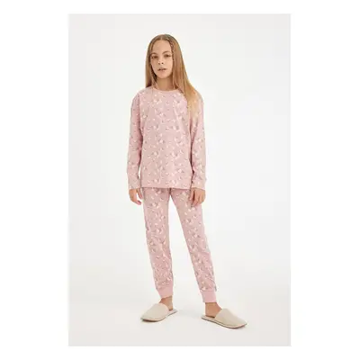 DEFACTO Girl's Floral Patterned Long Sleeve Cotton Pajama Set