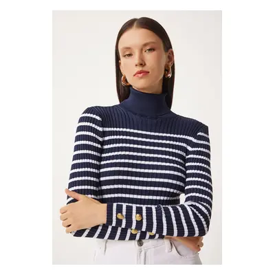 Happiness İstanbul Women's Navy Blue Turtleneck Striped Seasonal Knitwear Sweater