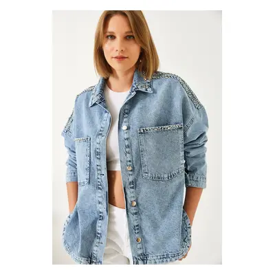 Bianco Lucci Women's Oval Cut Denim Jacket with Stones Pocket Detail