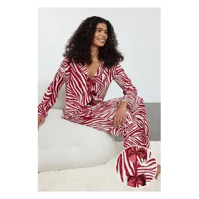 Trendyol Burgundy Zebra Patterned Ribbon/Bow and Piping Detailed Viscose Woven Pajama Set