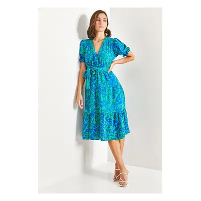 Bianco Lucci Women's Multi Patterned Belted Dress with Elastic Sleeves.