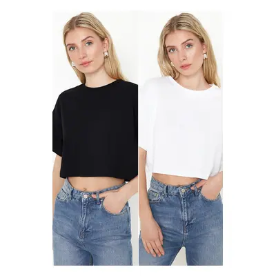 Trendyol Black-White Pack 100% Cotton Relax/Comfortable Cut Crop Knitted T-Shirt