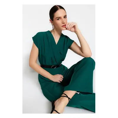 Trendyol Emerald Green Belted Double Breasted Collar Wide Leg Woven Jumpsuit