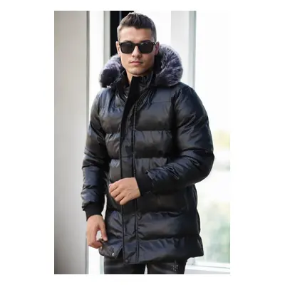 89545 Dewberry Hooded Shiny Mens PU Jacket-BLACK