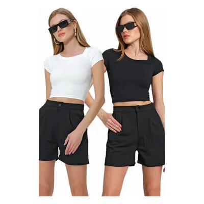 Trend Alaçatı Stili Women's Black and White Square Neck Crop Top 2-Pack T-Shirt