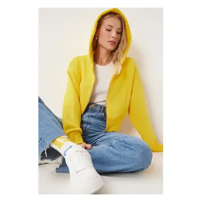 Happiness İstanbul Women's Yellow Hooded Zippered Sweatshirt