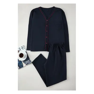 Trendyol Navy Blue Buttoned Knitted Pajama Set