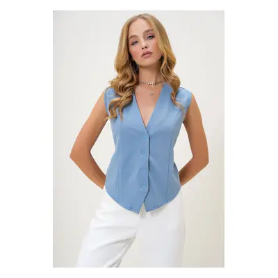 Trend Alaçatı Stili Women's Blue Body-fitting Adjustable Woven Vest