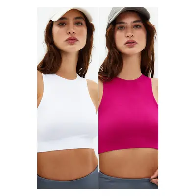 Trendyol Fuchsia-White 2-Piece Seamless/Seamless Light Support/Shaping Knitted Sports Bra