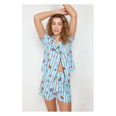 Trendyol Blue-Multi Color Patterned Piping Detailed Viscose Woven Pajamas Set