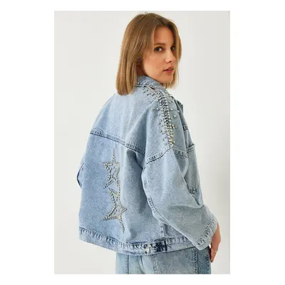 Bianco Lucci Women's Lace-Up Denim Jacket with Stone Detail and Pockets